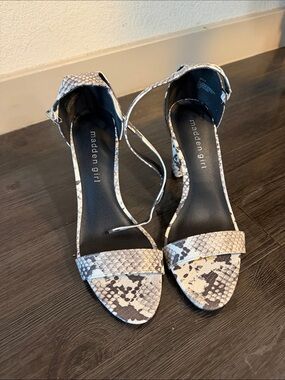 Madden Girl Beige Snake-Print Ankle Strap Heels